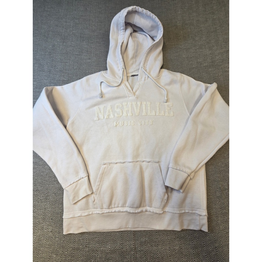 Mens Hoodie White Nashville Music City Chenille Patch Raw Hem Pockets Drawstring